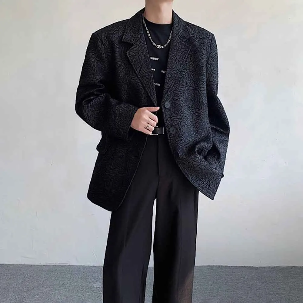 Mens Autumn Textured Rose Casual Padded Shoulder Suit Jacket Fashion Nightclub Stage Performance British Trendy Top Men'S Wear
