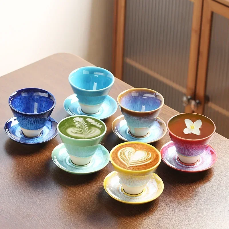 

Color Glaze Ceramic Coffee Cup Saucer Home Office Universal Daily Drinking Milk Tea Coffee Cup Set Cups