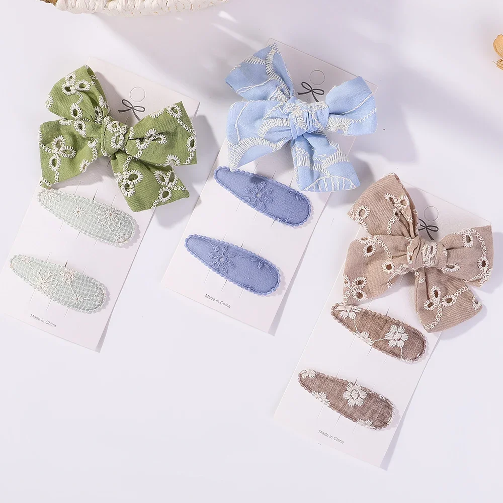 3Pcs/lot Embroidery Flower Bow HairPins Children Hair Clips Geometric Sweet Girls Baby Hair Accessories Vintage Cotton Barrettes