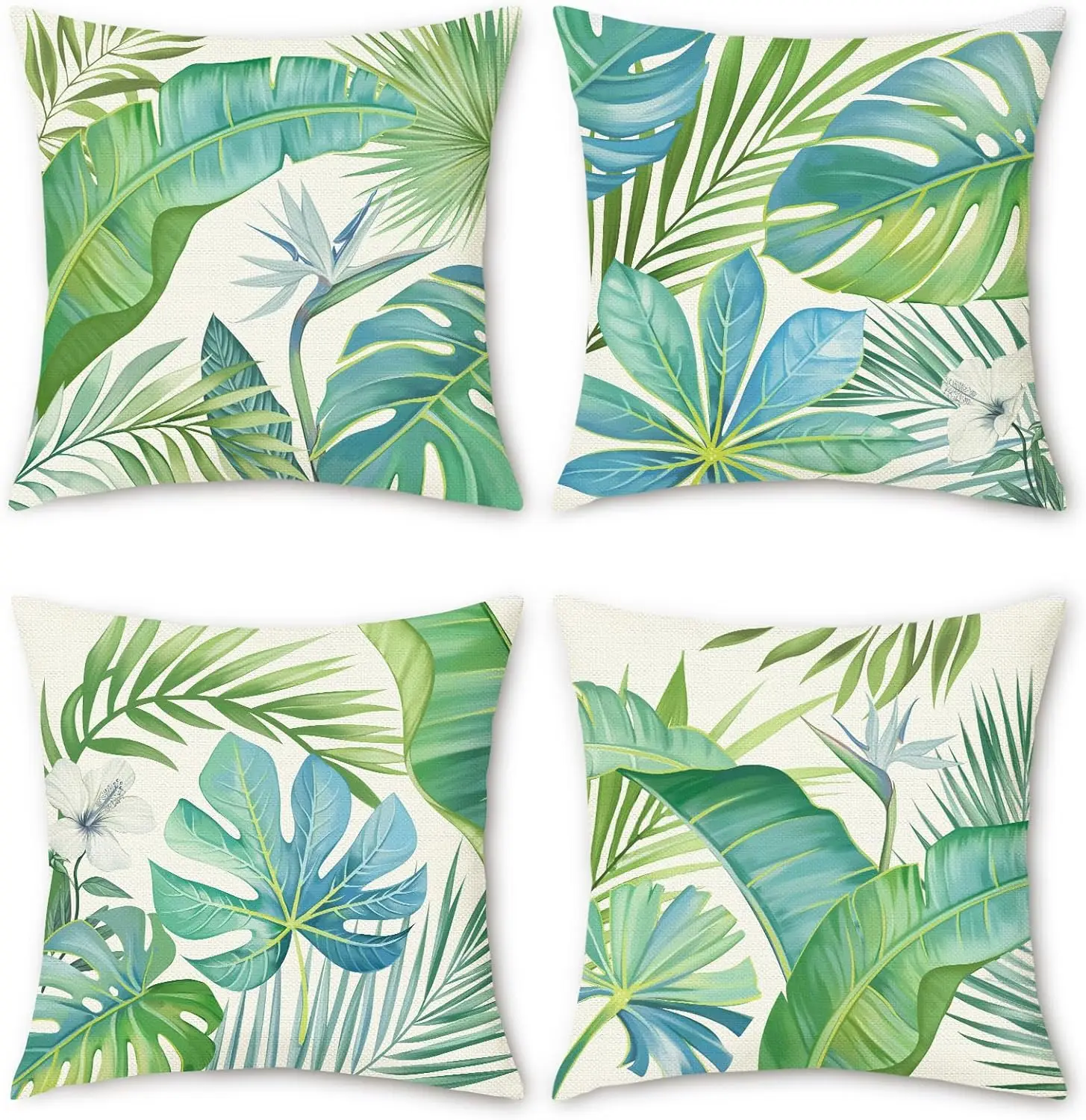 4pcs Tropical Green Blue Monstera Palm Leaf Printed Pillow Cover Polyester Cushion Case 2D Flat Printing Pillowcase Now
