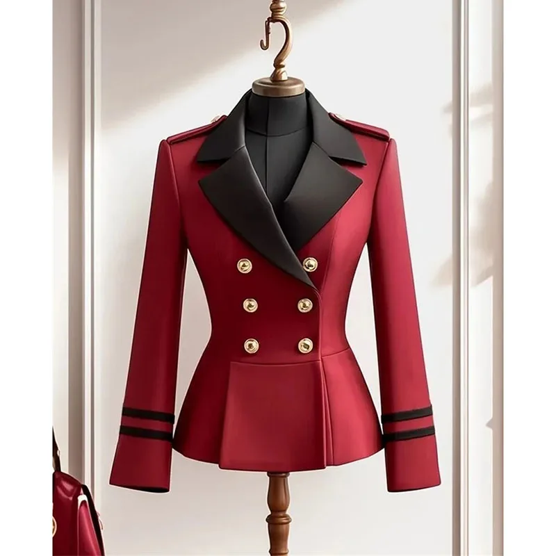 2025 Spring Autumn Women\'s Jacket Popular Explosions Anchorage Red Suit Jacket Temperament Slim Waist Advanced Contrast Jacket
