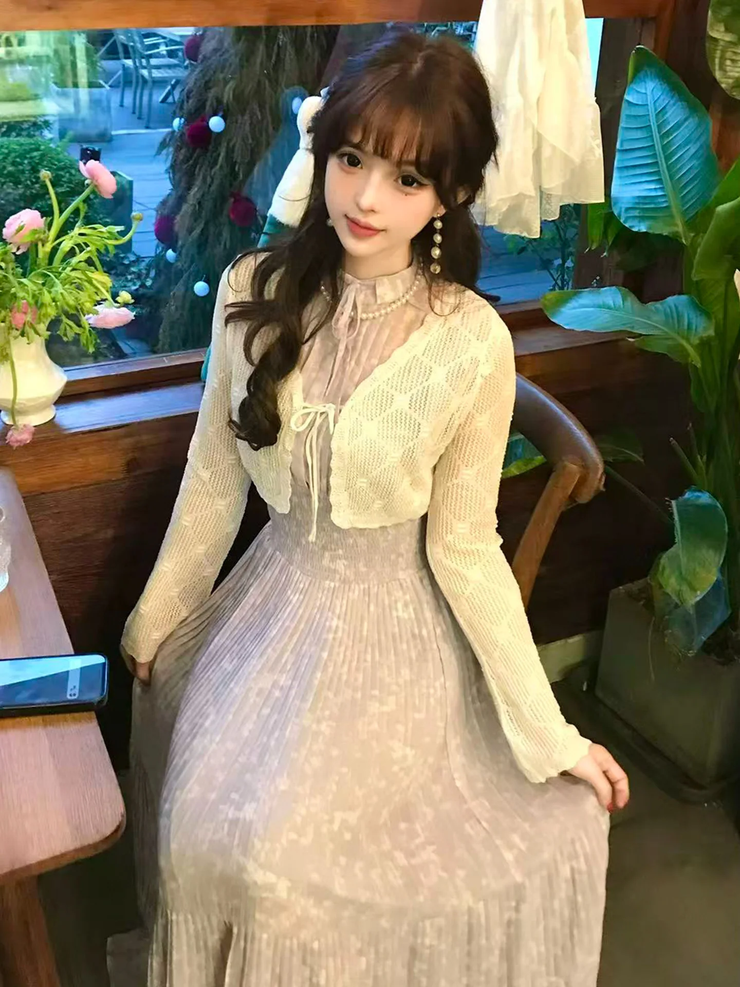 

Japanese Sle Long Knitted Cardigan Svel Dr Two-Piece Set Women's Faion Early Spring Loose Fit Polyester Fiber