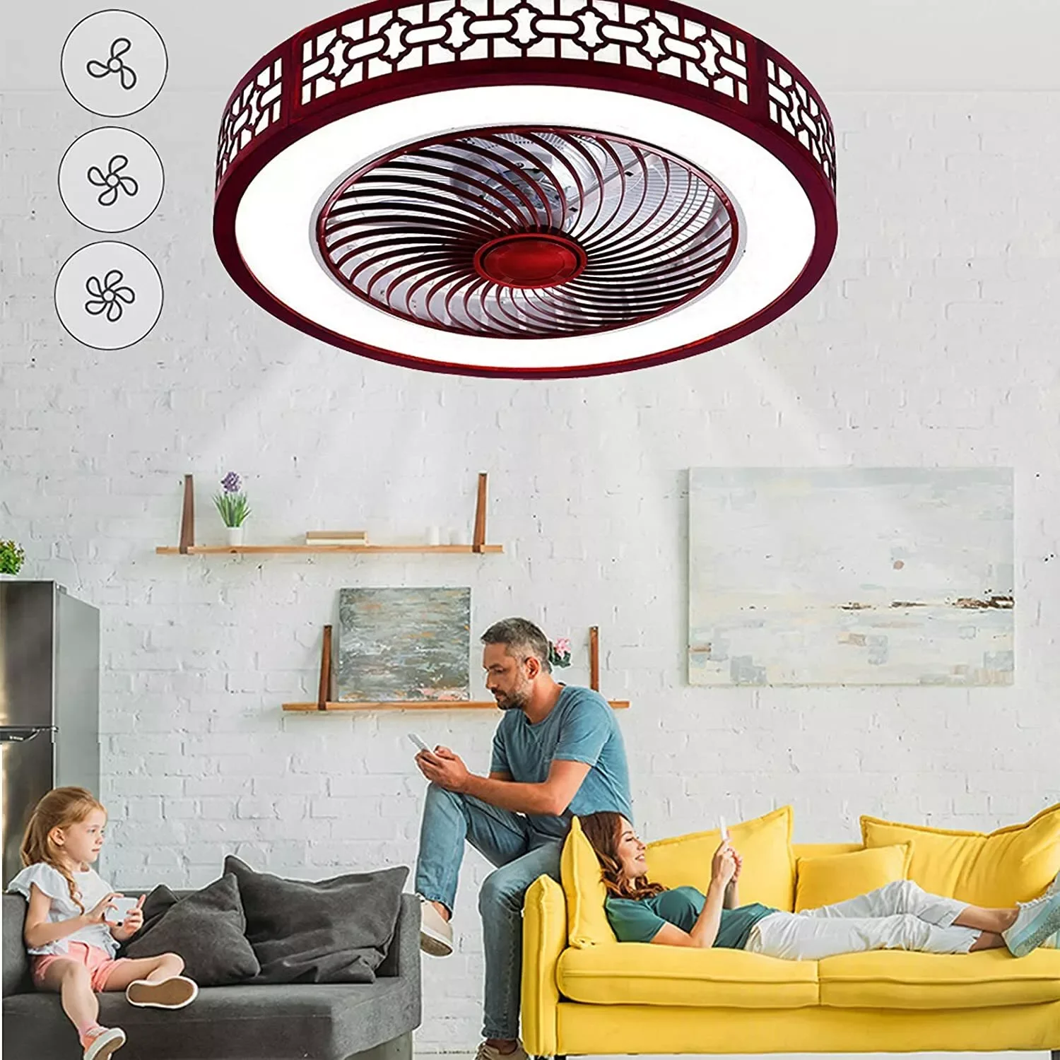 

22 Inch Modern LED Semi Flush Mount Ceiling Fans with Lights and Remote LED Chandelier W/Remote