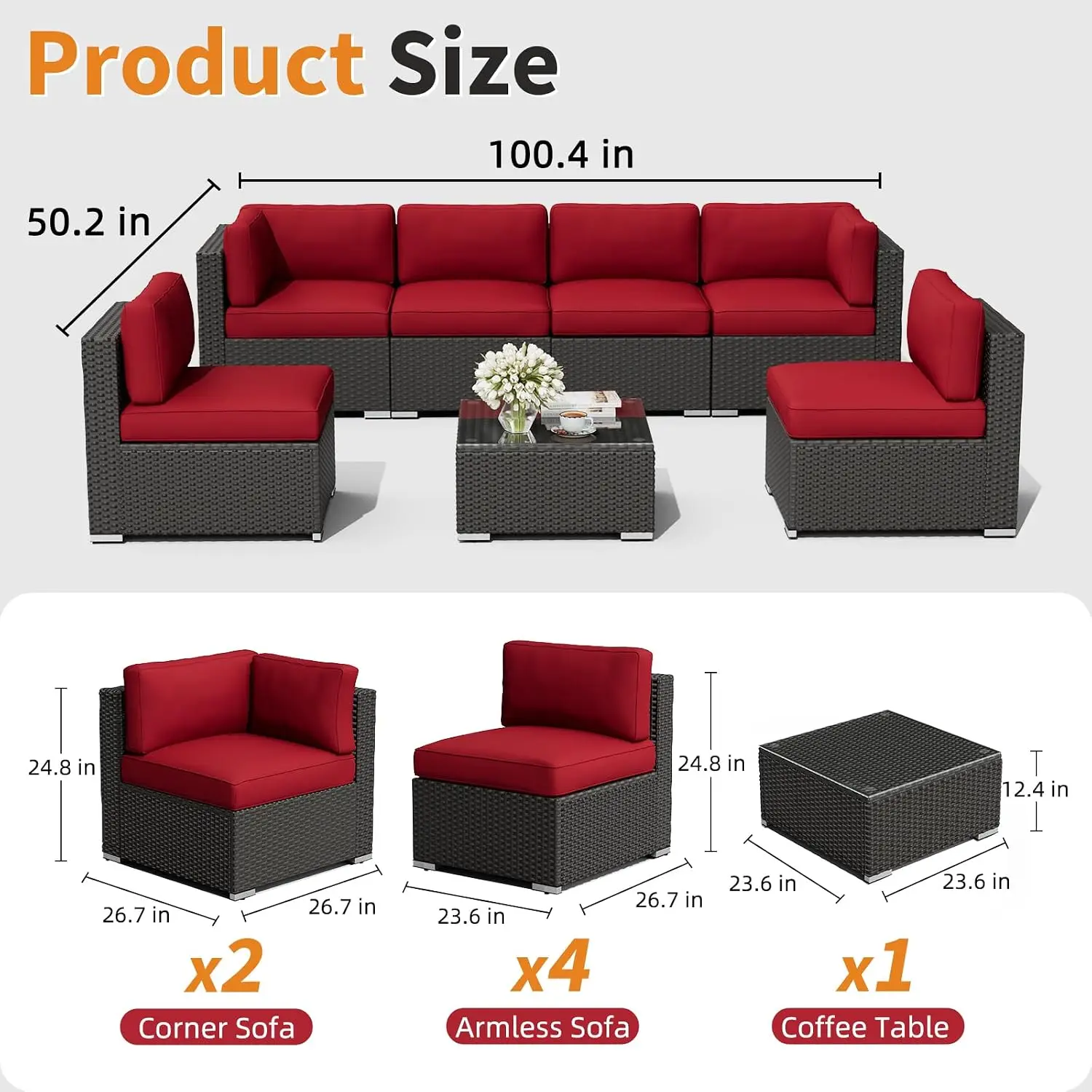 Black Rattan Wicker Outdoor Sectional Sofa Set 7-Piece Glass Top Table & Cushions Patio Garden Furniture, Customized