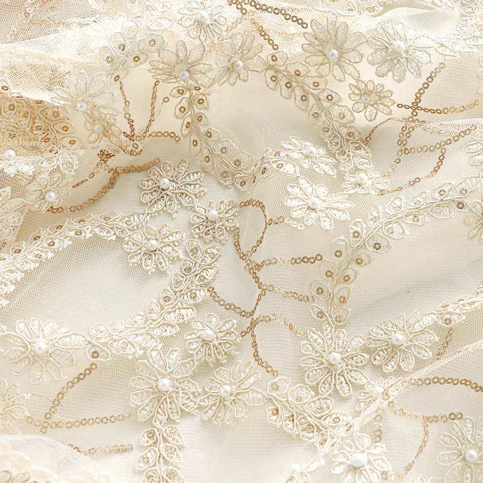 

Mesh Embroidered Cloth Pearl Embroidered Lace Dress Wedding Cheongsam Clothing Fabric Champagne Customized Fabric