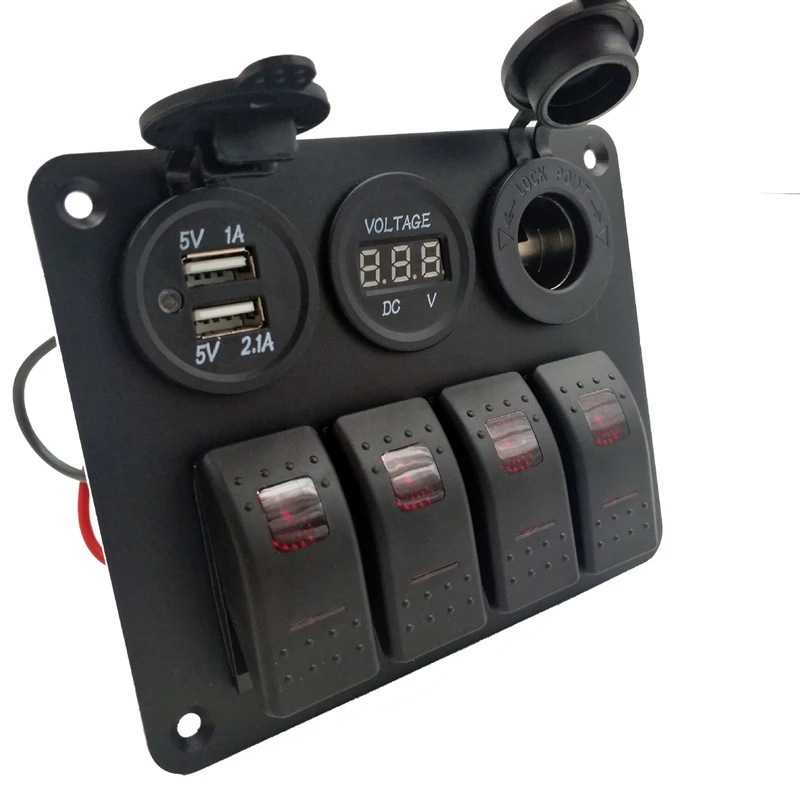 4 Gang 12-24V Rocker Switch Panel With 3.1A Dual USB Charger Digital Voltmeter Waterproof For Car Marine Boat Yacht