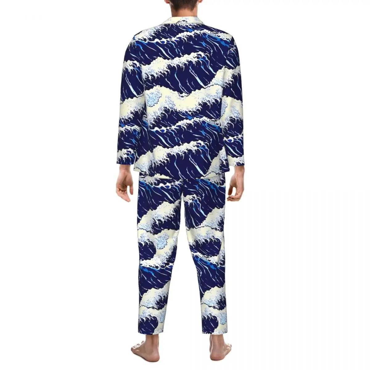 Vintage Blue Wave Japanese Sleepwear Autumn Aesthetic Oversize Pajama Sets Men Long Sleeve Fashion Night Custom Nightwear