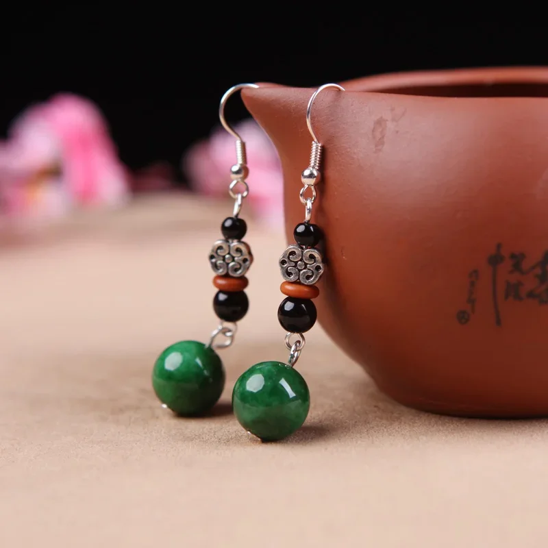 Green Jade Earrings Natural 925 Silver Emerald Jadeite Women Carved Gift Amulets Charms Chinese Fashion Jewelry Beads Gemstones