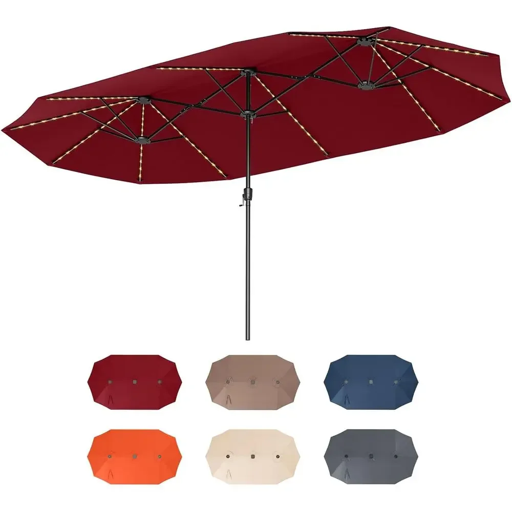 Extra-Large 15.5 ft Patio Umbrella with LED Lights, Crank Handle, 12 Ribs, Outdoor Double-Sided Market Umbrella for Garden, Lawn
