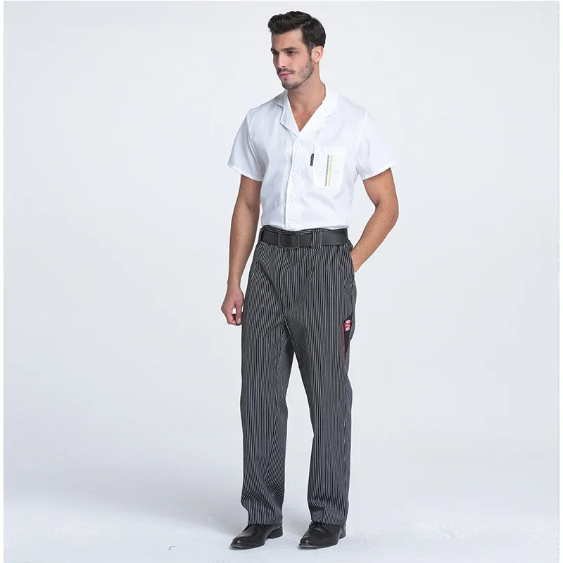 Calças de chef listradas elásticas para homens, uniforme de chef, calça zebra, traje de cozinheiro, cinza, restaurante, 2024