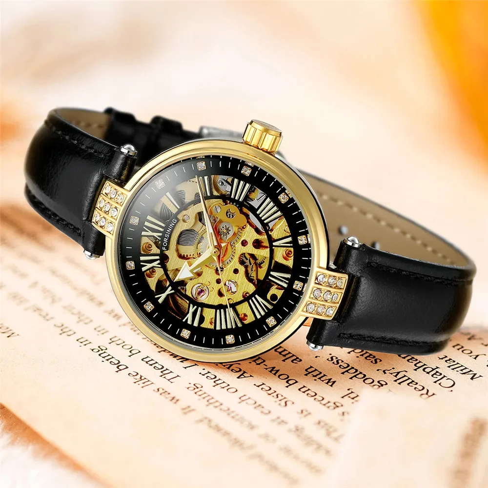 

Forsining White Skeleton Automatic Mechanical Women Watch Luxury Brand Lady Wrist Watch Fashion Leather Strap Clock Reloj Mujer