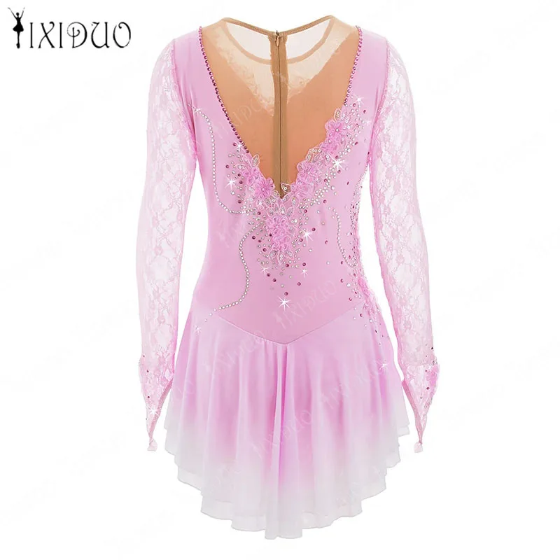 Figura Vestido De Patinação No Gelo Meninas Strass Malha Splice Manga Longa Vestido de Balé Ginástica Collant Traje Desempenho Clássico