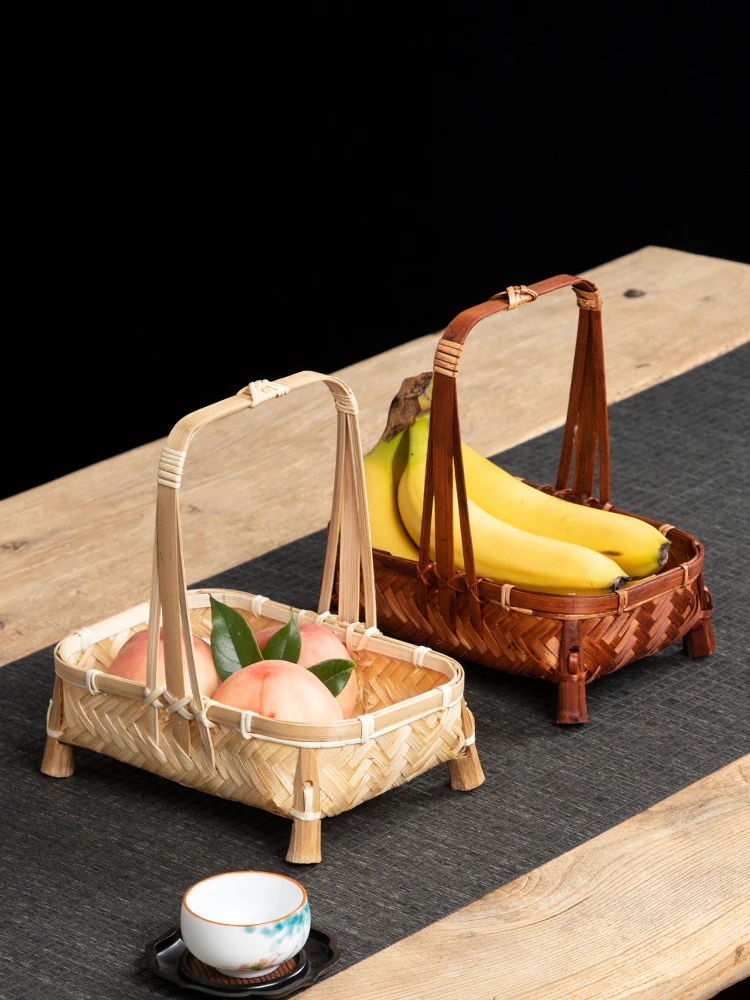 

Handmade Bamboo Cabas Square Handle, Tea and Fruit Basket, Retro Coffee, Snack Table, Household Handle, Storage Basket