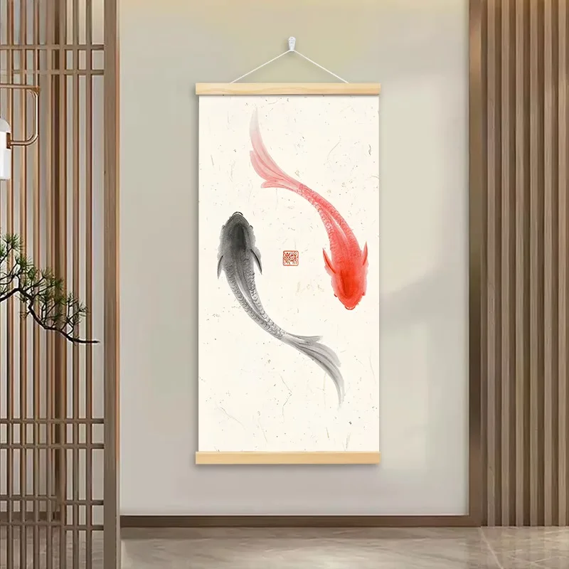 Chinese Zen Yin Yang Koi Fish Wall Art Scroll Aesthetic Room Decor Feng Shui Ink Painting for Entryway Study Spa Meditation Room