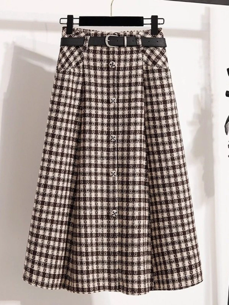 Small Fragrant Style Elegant Office Tweed Plaid Skirt Women Slimming Vintage Style High Waist Commute A-Line Pleated Skirt