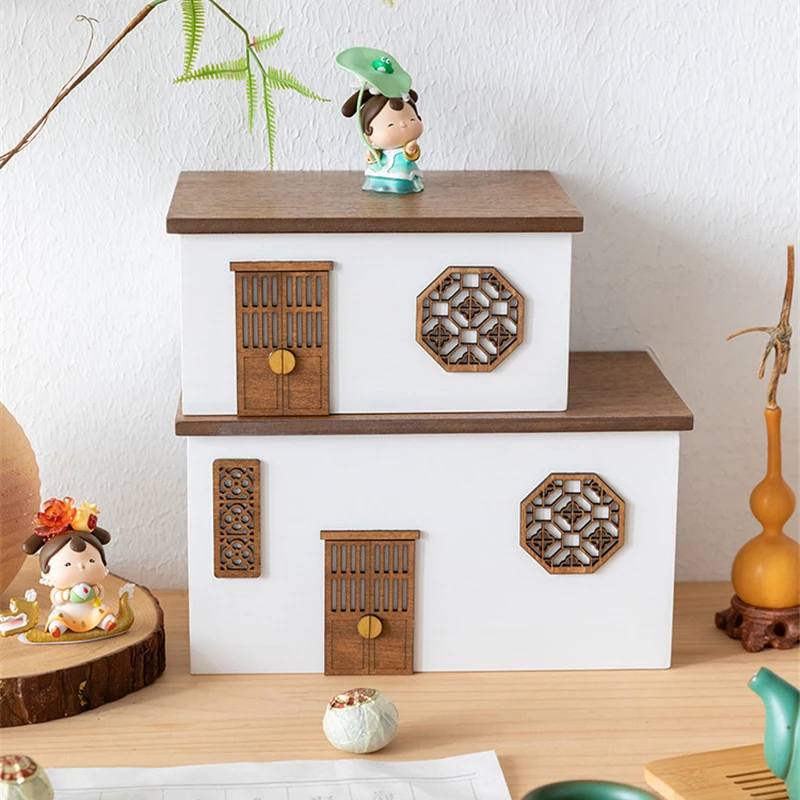 

Деревянный ящик для хранения в китайском стиле, креативный домашний орнамент, коробка для салфеток для гостиной, органайзер-органайзер для хранения с изображением старинного окна, цветов, крыльца