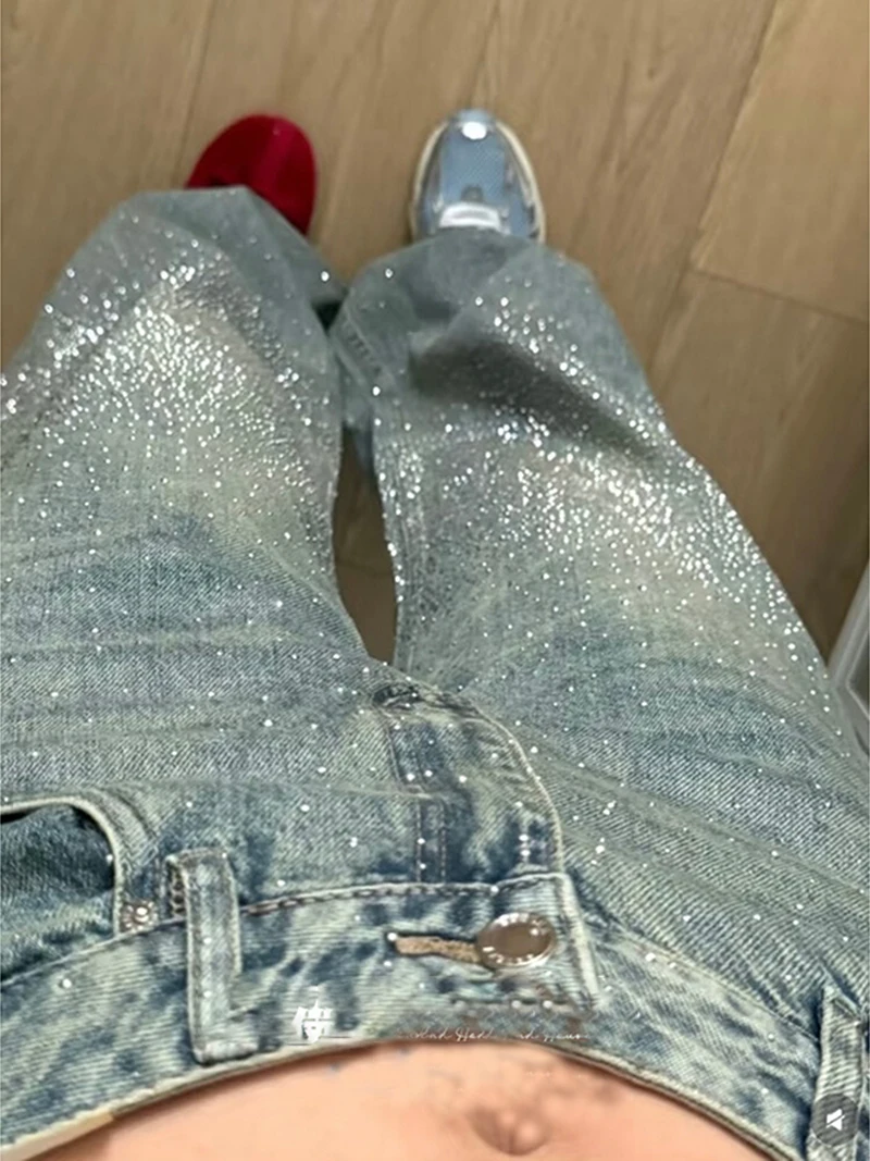 

Женские джинсы в стиле ретро с горячим тиснением, осень-зима, повседневные бриллианты, сверкающие прямые джинсовые брюки, женские свободные брюки для поездок на работу