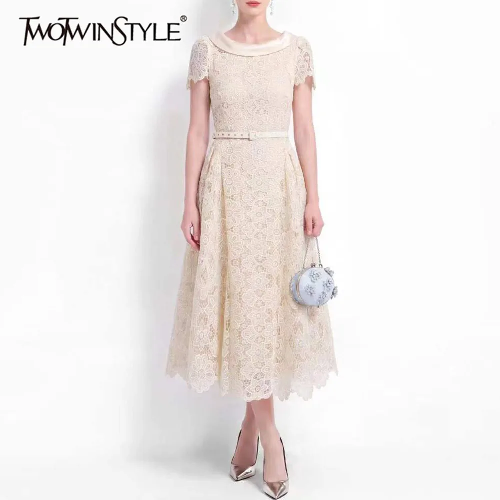 TWOTWINSTYLE Lace Spliced Waist Belt Slimming Midi Dress for Women Round Collar Short Sleeve Patchwork Zipper Dresses Female New