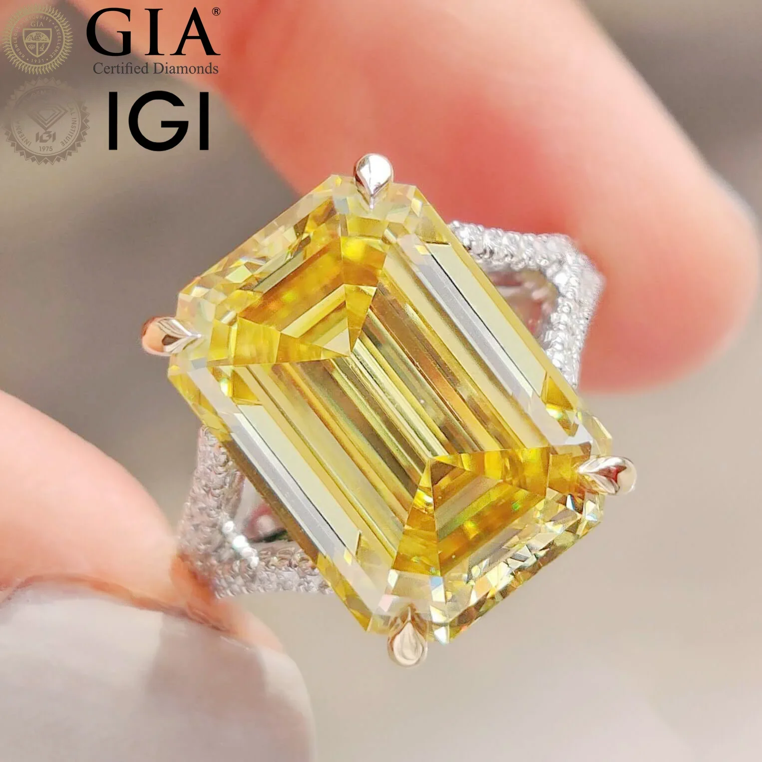 IGI GIA Certified HPHT CVD VVS Yellow Lab Grown Emerald Cut Wholesale Diamond 3CT 5CT 14K 18K Solid Gold Engagement Ring Women