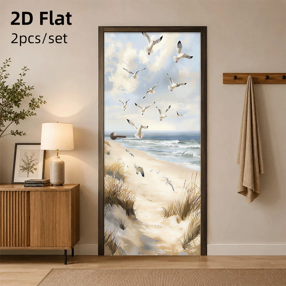 1 piece of beautiful seaside scenery door sticker, seagull soaring on the beach, wave decoration sticker, 2D flat