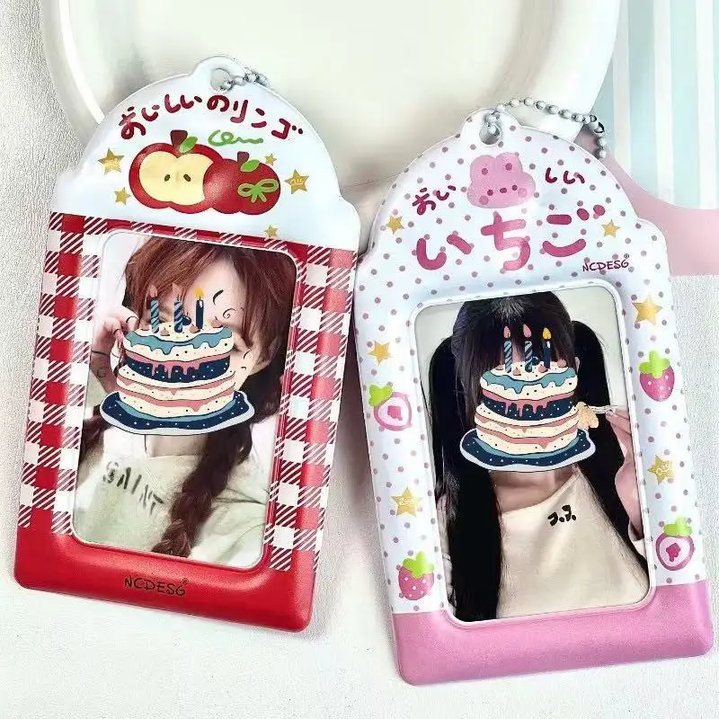 1-2pcs Cute Apple Strawberry Print PVC Photocard Holder Double Side Display Pendant 3inch Photocard Holder DIY INS Photo Cover