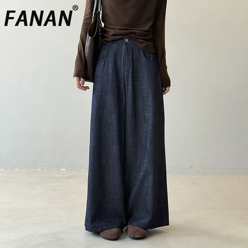 

FANAN Vintage Dark Blue Denim Pants For Women High Waist Straight Wide Leg Jeans Fashion Female Clothing 2025 Autumn New