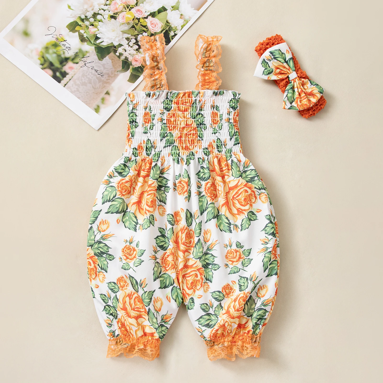 Baby Girls Floral Romper Overall Jumpsuit with Ruffle Trim and Headband Newborn Summer Clothes White Rose Print