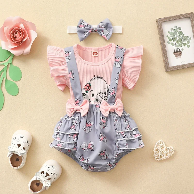 3 pieces set New Summer Baby T-shirt Strap Shorts Cow Bow Printed Strap Pants Set+Headband Soft Sweet Cute girl bow dress Set