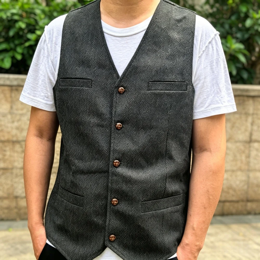 Men's Vest Herringbone Tweed V Neck Business Slim Fit Men's Waistcoat for Prom Wedding Groomsmen