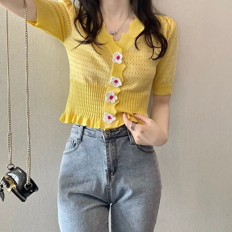 Short Sleeve KnittingFemale Summer 2024 New Hollow Out V-neck Cardigan Top Tee Women Clothing Sweet Pleated Slim Ruffles Coat