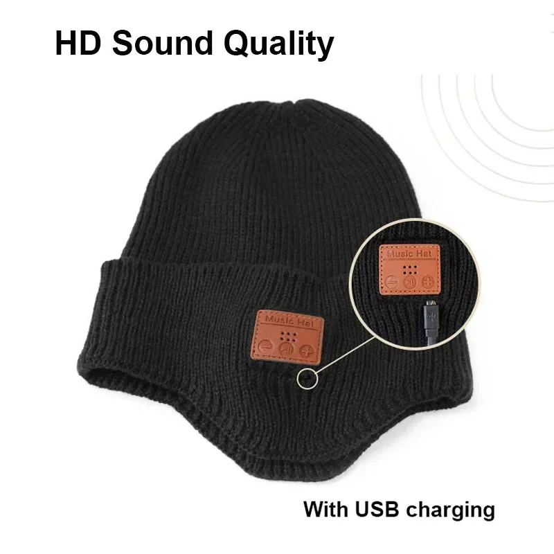 Wireless Bluetooth 5.0 Hat Outdoor Warm Music Headset with MIC for Handsfree Rechargeable Earphone Gift for Men Women Headphone