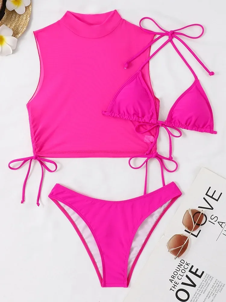 เซ็กซี่สีขาวสีดําลูกไม้ตาข่ายชุดบิกินี่สามชิ้นผู้หญิงชุดว่ายน้ําคอสูงชุดว่ายน้ําชุดว่ายน้ํา High Cut