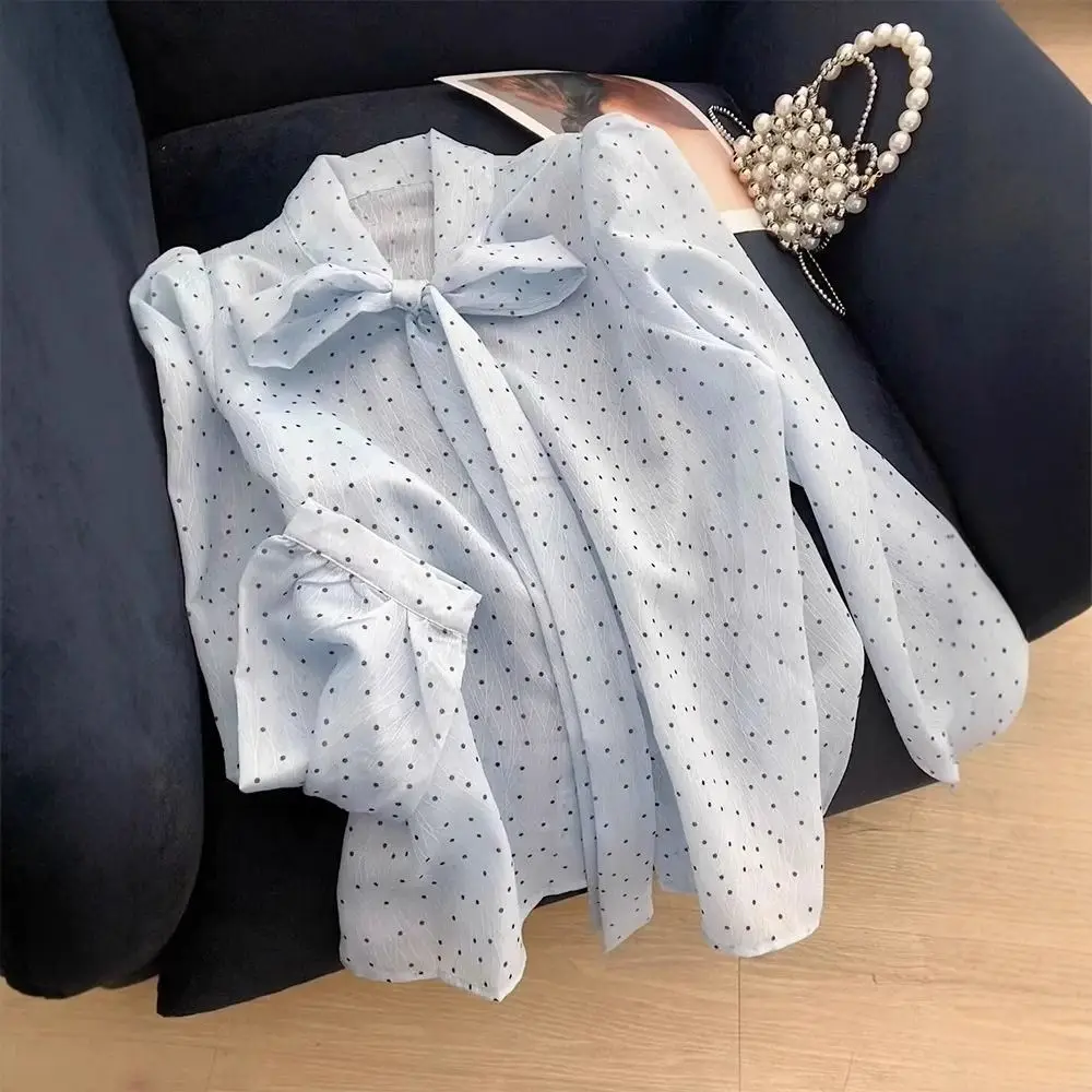 

Sweet Chiffon Blouses for Women Thin Loose Long Sleeve Shirts Lace Tied Up Ladies Top Clothes Dots Baggy Shirts Summer