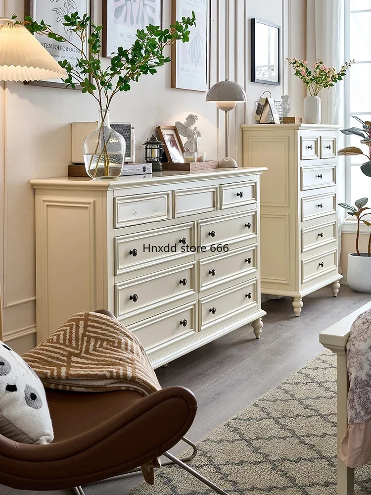 American-Style Solid Wood Chest of Drawers White Dressing Table Integrated Bedroom Tailstock Cream Color Storage Cabinet