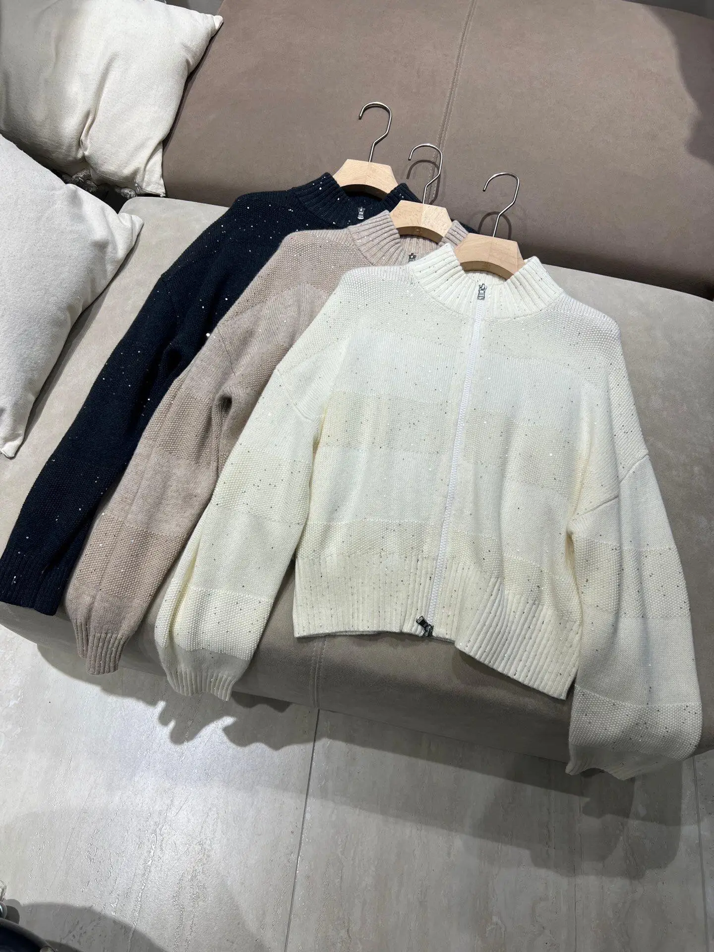 Merino Wool Sequin Short Cardigan Women's Stand Up Collar Double Zipper Knitted Jacket Autumn And Winter Loose Shoulder Sweater