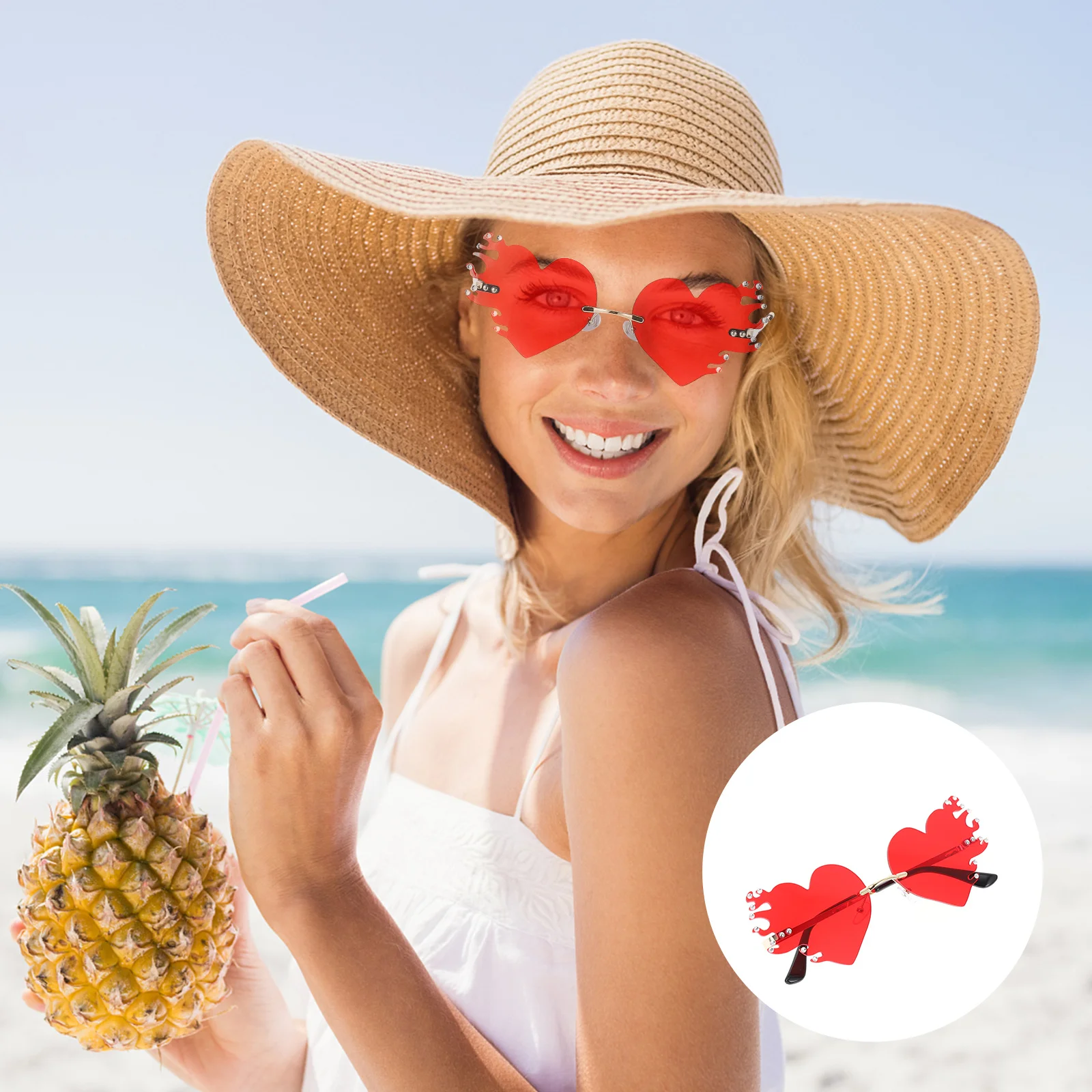 

1Pair Decorative Heart Sunglasses Rimless Fire Glasses Party Accessory Festival Supply Personality Flame Glasses