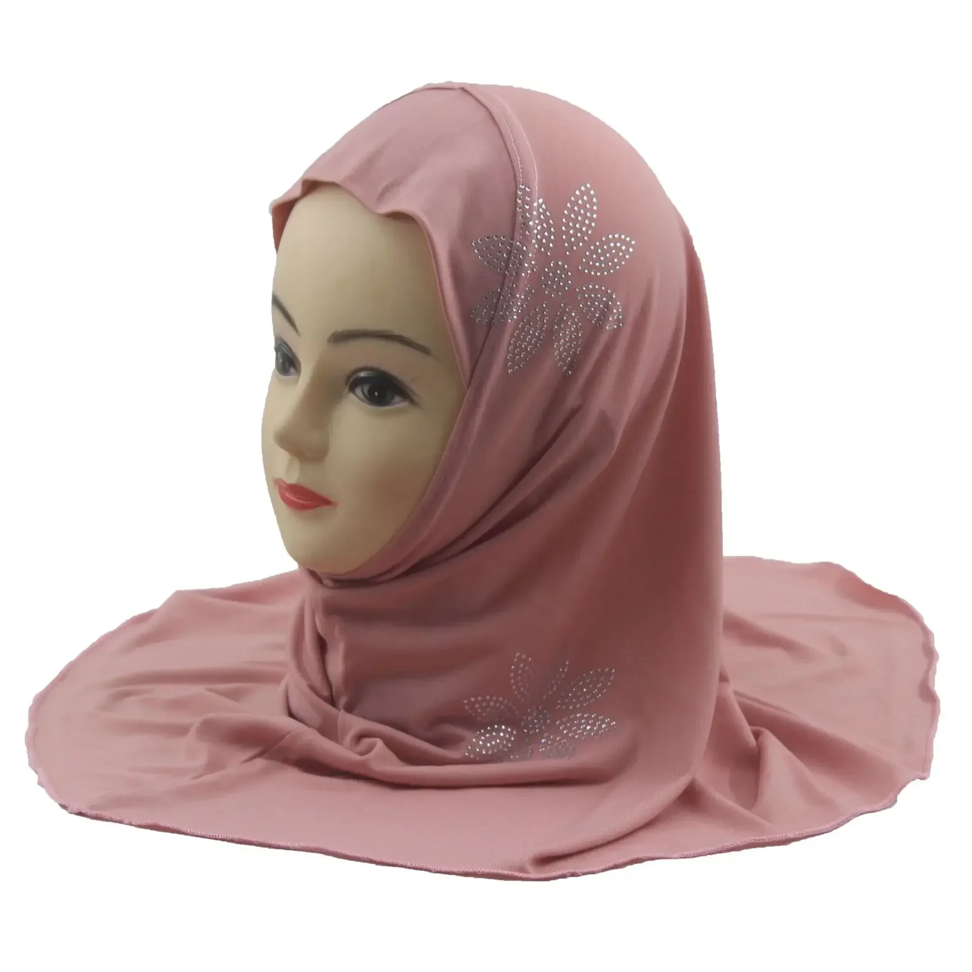Uma peça amira para crianças de 4 a 8 anos meninas diamantes lenço turbante puxar pronto feito hijab muçulmano cachecol instantâneo islâmico khimar niqab