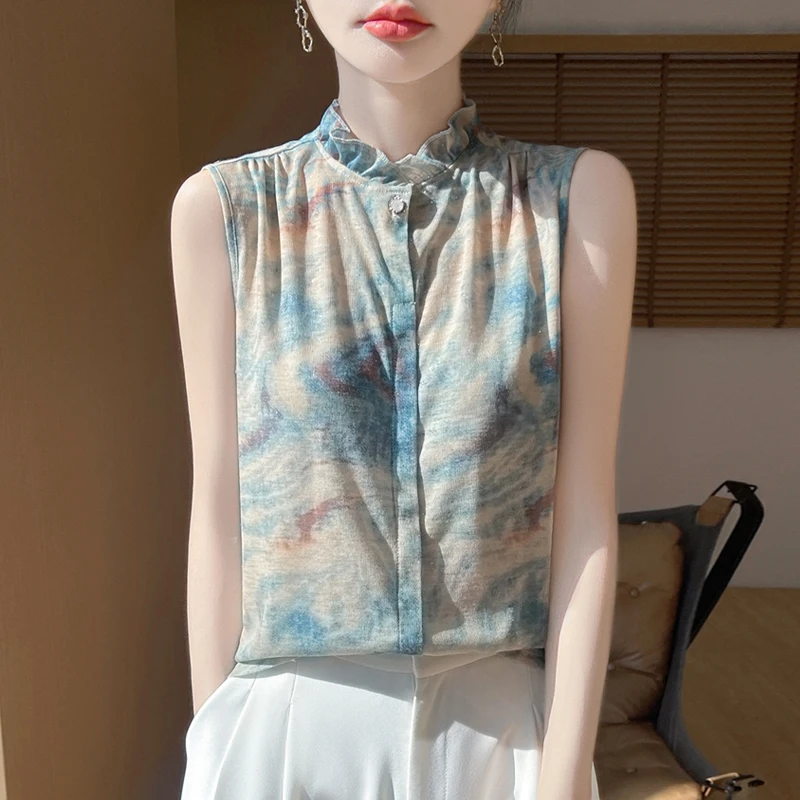 

New Fashion Women's Vest Ruffled Collar Sleeveless Blouse Loose Elegant High-Grade Temperament Shirt Vest Ladies Summer Top-M13