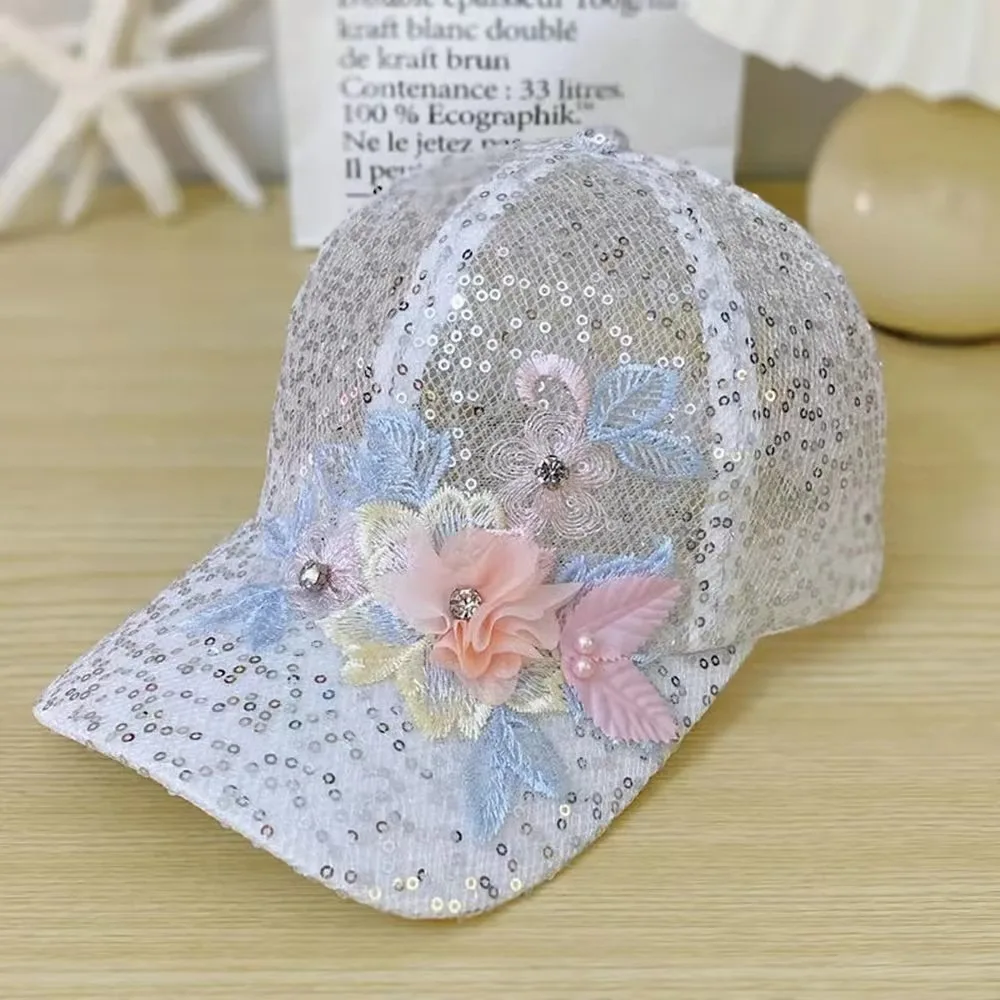 Moda malha boné de beisebol lantejoulas bordado flores língua de pato chapéu respirável seção fina boné de renda primavera e verão