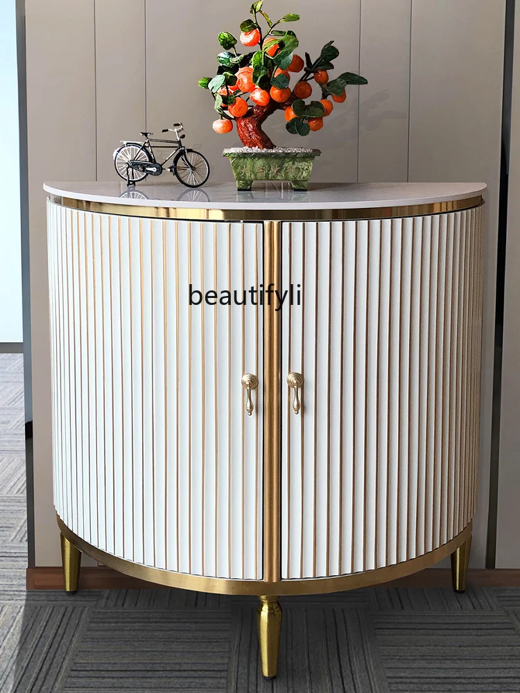 

American semicircular entrance solid wood white rock slab countertop living room aisle gold-painted cabinet