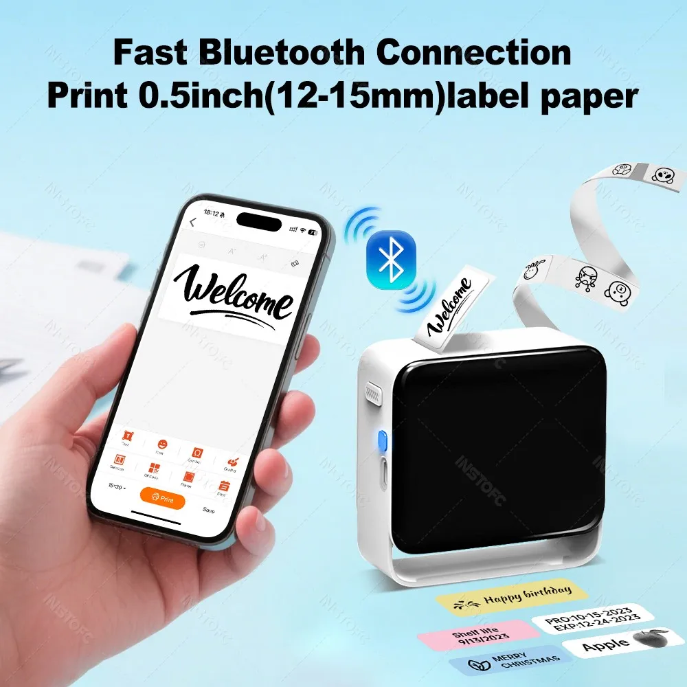Pocket Thermal Label Printer 12-15mm Width Printing Labeling Machine Wireless Bluetooth Label Maker With Label Sticker
