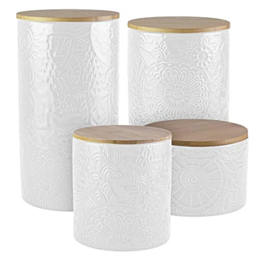 

Embossed Canister Set 4-Piece Ceramic Set Jar Container with Wooden Lids for Cookies Candy Coffee Flour Sugar Rice Pasta Cereal
