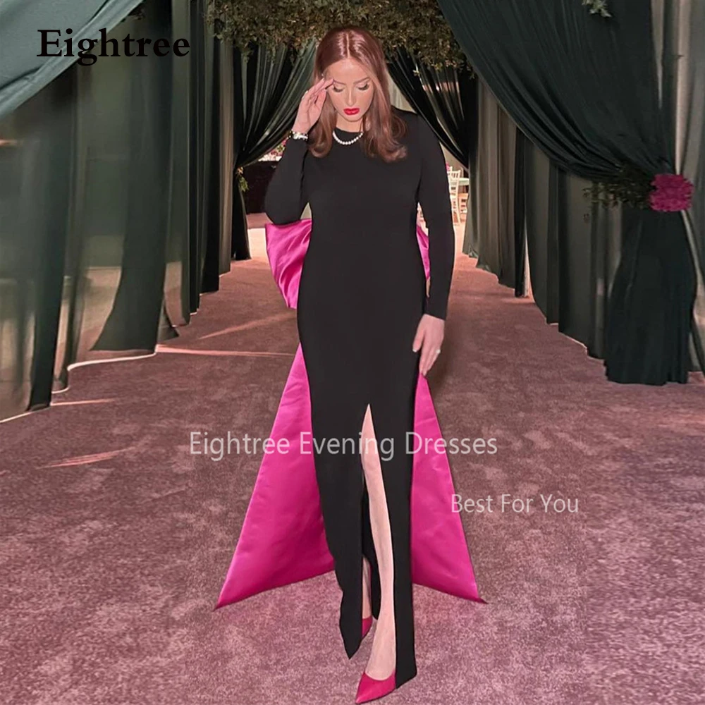

Eightree Black Mermaid Evening Dresses Saudi Arabia Pink Bow Back Formal Party Gowns Split O Neck Dubai Prom Dress Long Sleeves