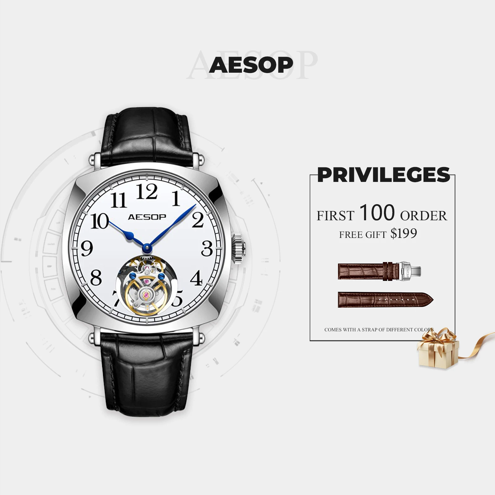 AESOP оригинальные часы с турбийоном, модные квадратные водонепроницаемые мужские механические часы из нержавеющей стали