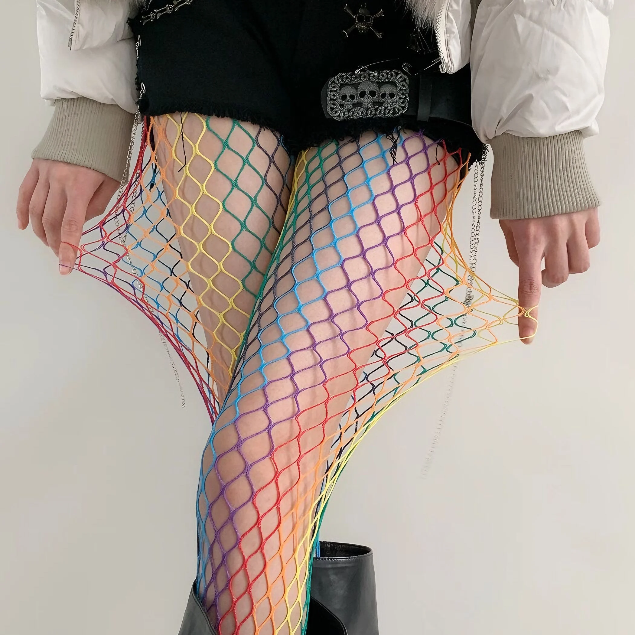 Dopamine Rainbow Gradient  Fishing Net Stockings Sexy Women's Silk Tights Y2K Subculture Pantyhose Transparent Leggings