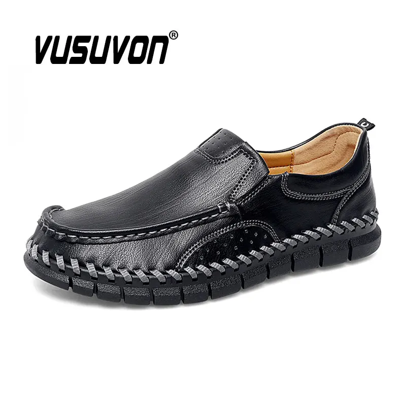 Men Leather Loafers Breathable Casual Shoes Street Black Flats Slip On Fashion Soft Moccasins 38-47 Big Size