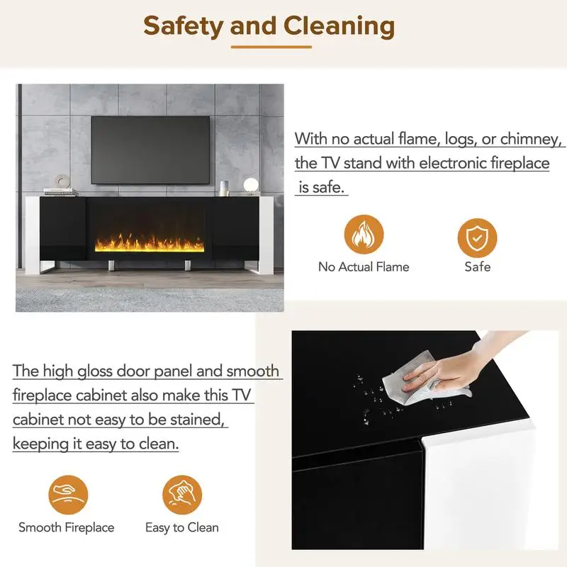 Supporto TV moderno con camino elettrico da 34,2", centro di intrattenimento lucido, 2 armadi, console multimediale per TV fino a 78",