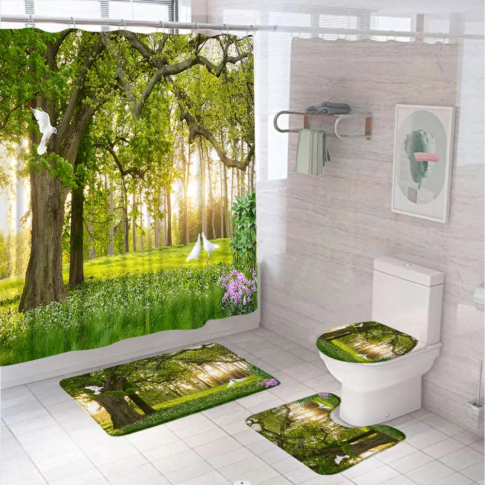 Spring Floral Wall Shower Curtain Set Country Town Green Ivy Leaves Blossom Flower Landscape Bathroom Rug Toilet Cover Bath Mat