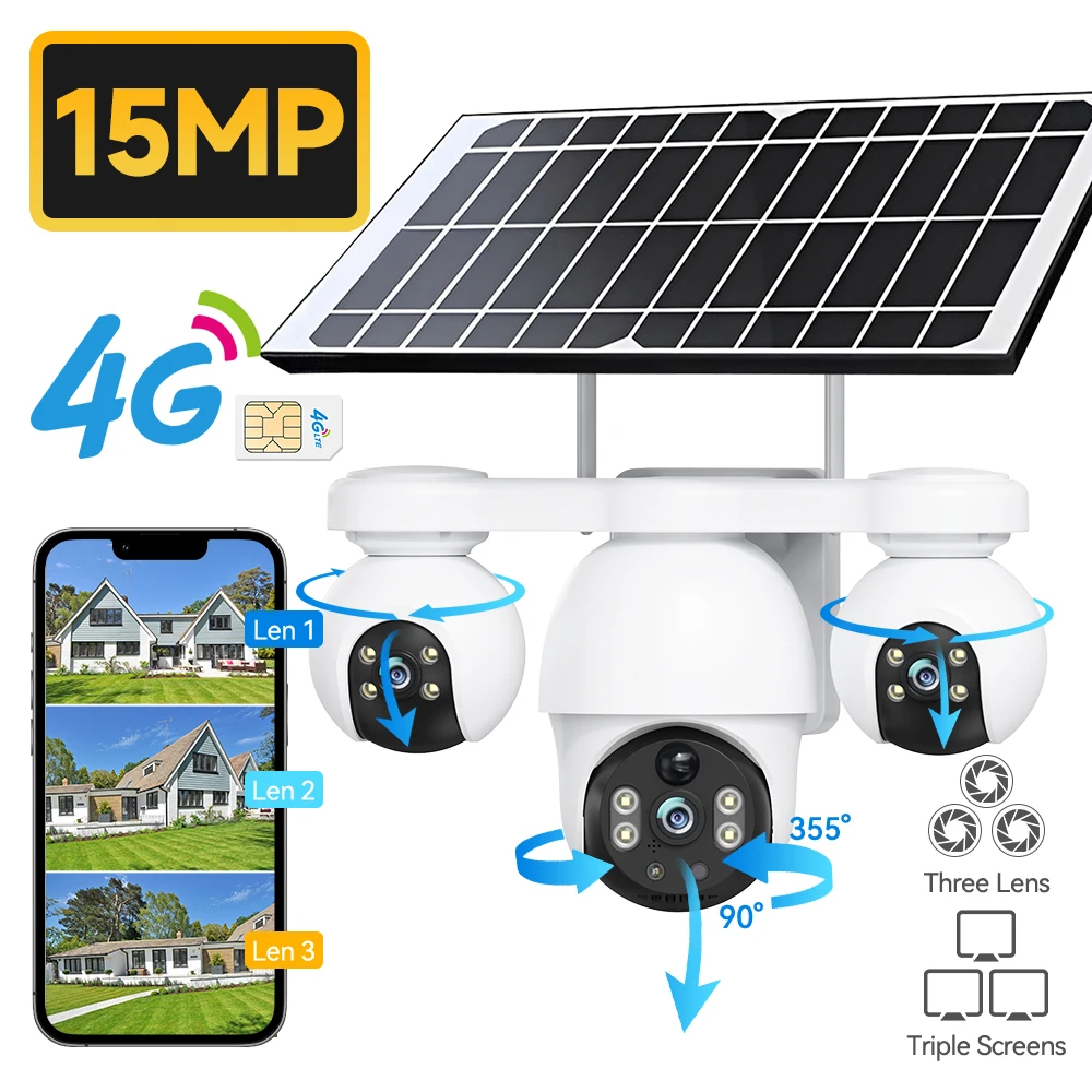 V380PRO 3 Lens WiFi Solar Camera 15MP Outdoor Waterproof CCTV Night Vision Two-Way Audio Camera Mobile Tracking 4G IP Camera