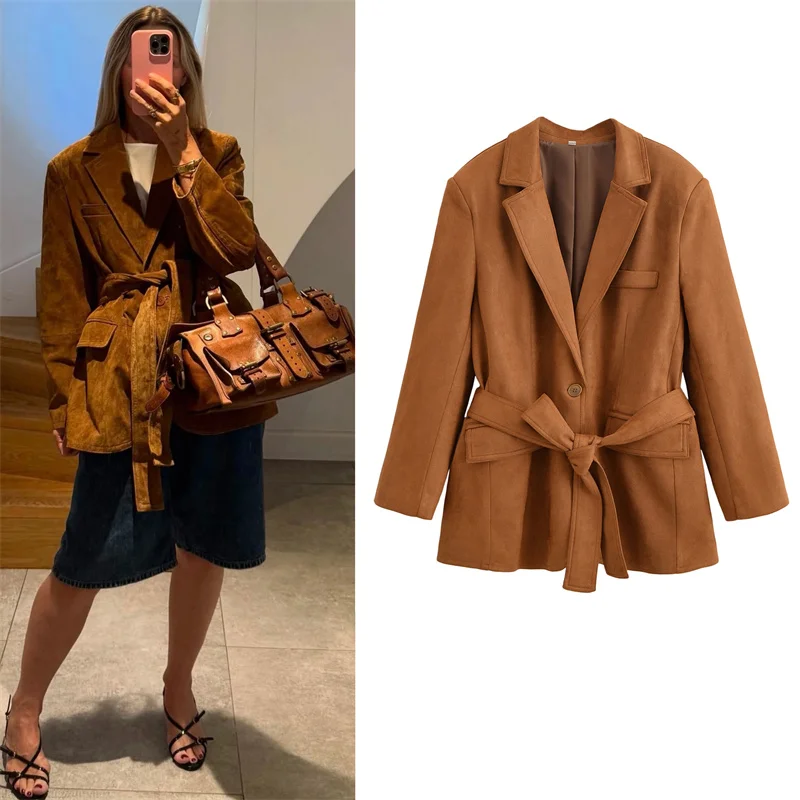 

Женская куртка, новинка осени 2025, верблюжий замшевый минималистичный пиджак с длинными рукавами, украшение на поясе, повседневная модная индивидуальность